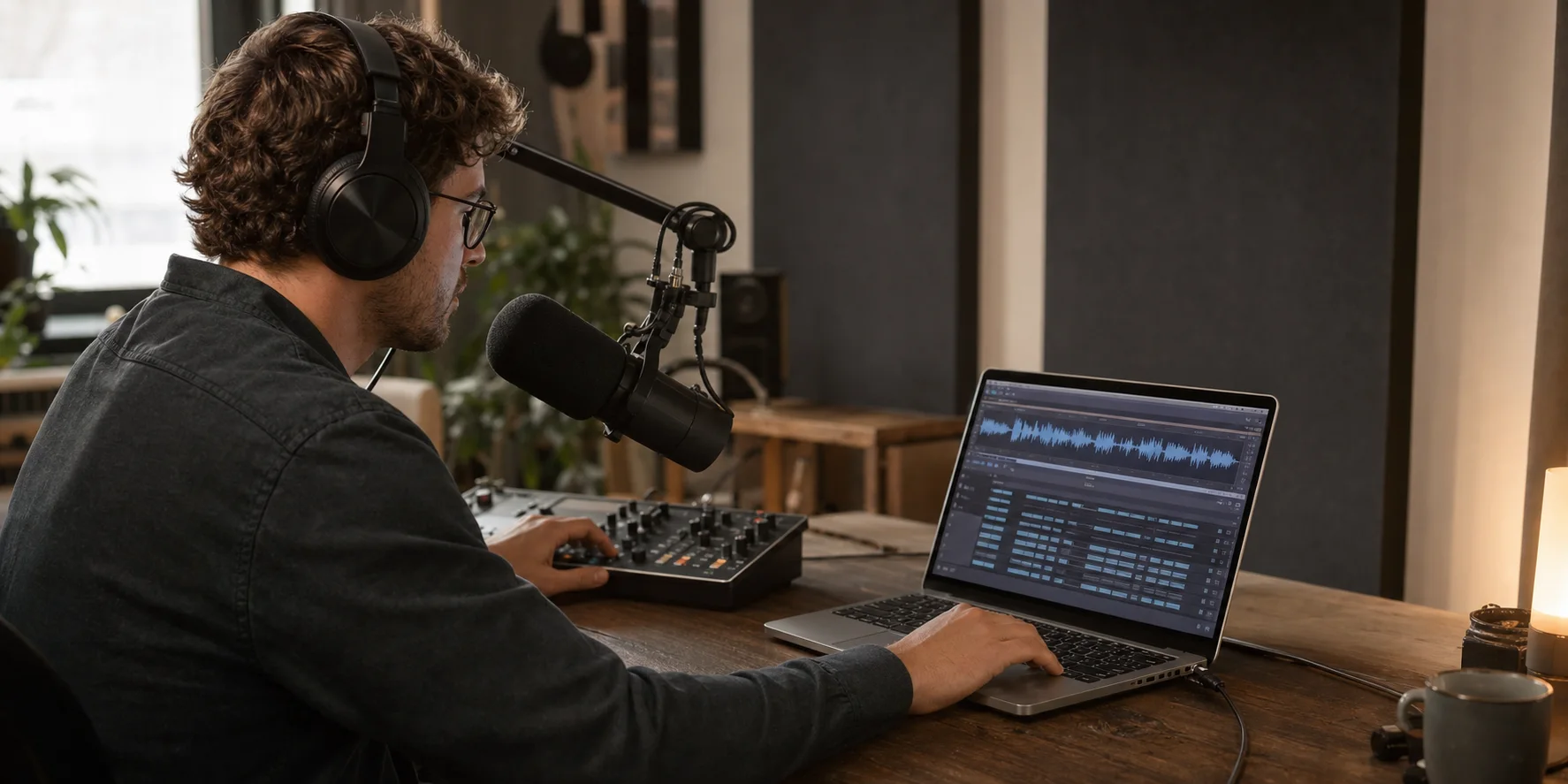 An audio engineer reviewing a waveform and transcript in a professional recording studio