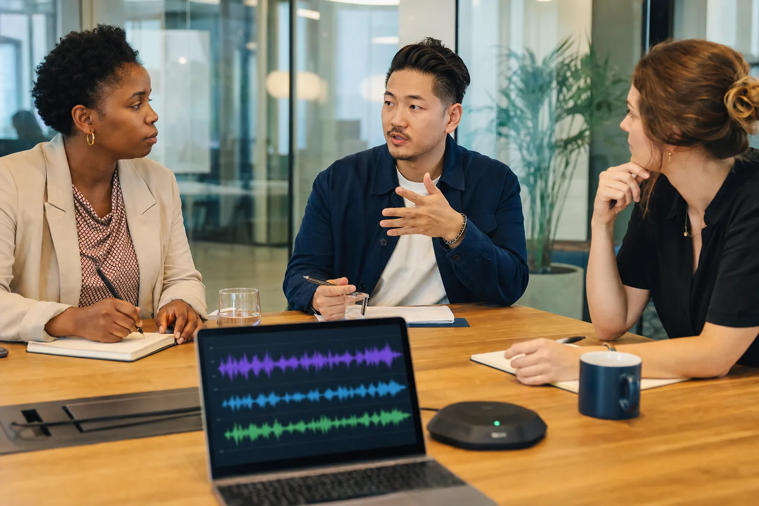 Three colleagues in a recorded meeting with separate audio waveforms representing multiple speakers